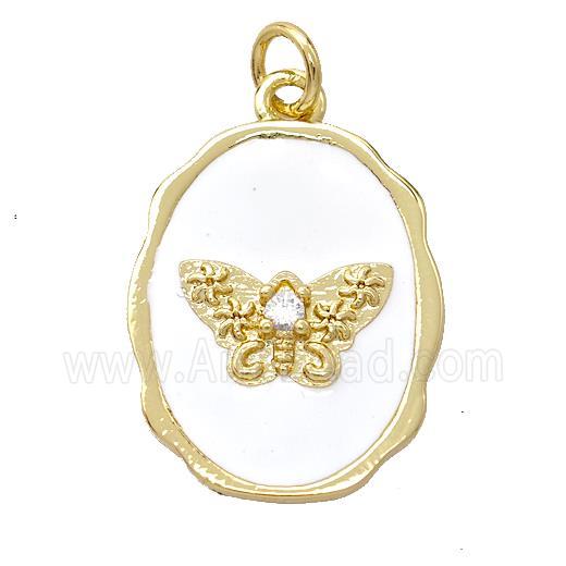 Copper Butterfly Pendant Pave Zirconia White Enamel Oval Gold Plated