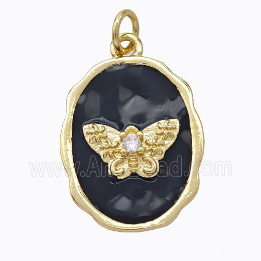 Copper Butterfly Pendant Pave Zirconia Black Enamel Oval Gold Plated