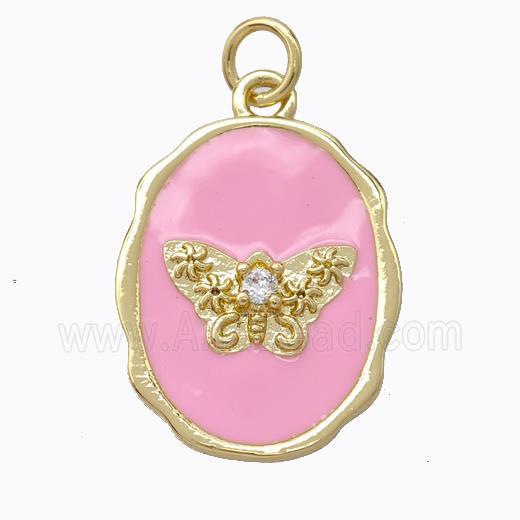 Copper Butterfly Pendant Pave Zirconia Pink Enamel Oval Gold Plated