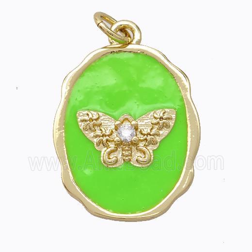 Copper Butterfly Pendant Pave Zirconia Green Enamel Oval Gold Plated