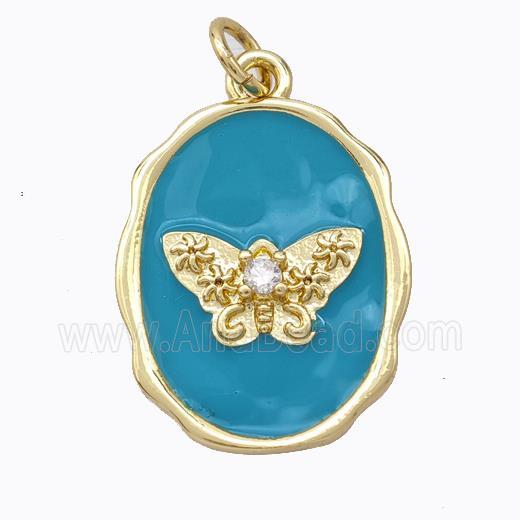 Copper Butterfly Pendant Pave Zirconia Teal Enamel Oval Gold Plated