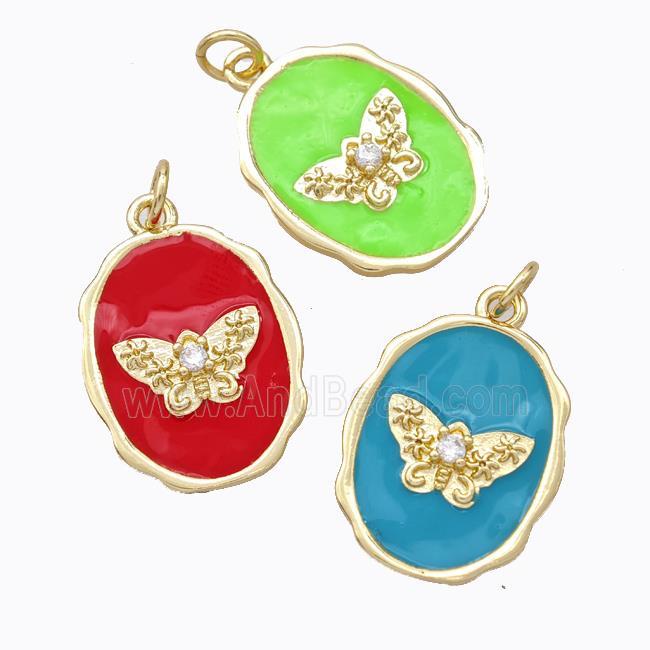 Copper Butterfly Pendant Pave Zirconia Enamel Oval Gold Plated Mixed