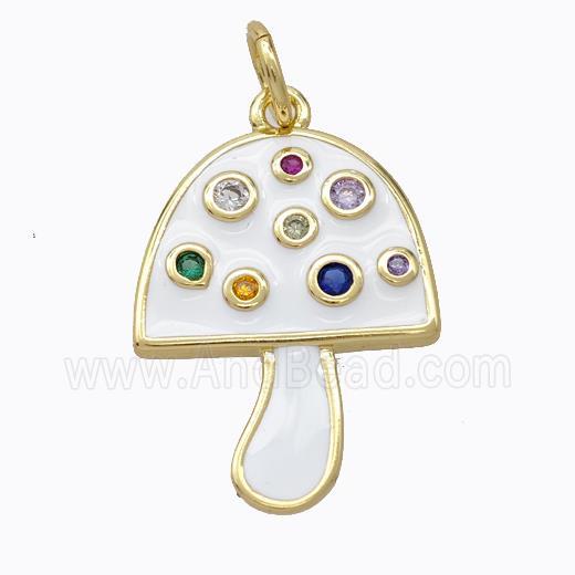 Copper Mushroom Pendant Micro Pave Zirconia White Enamel Gold Plated