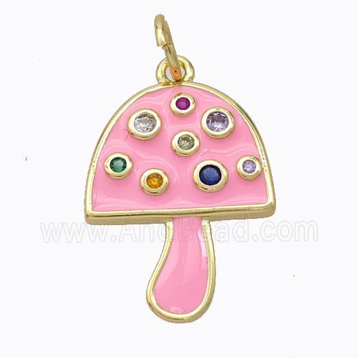 Copper Mushroom Pendant Micro Pave Zirconia Pink Enamel Gold Plated
