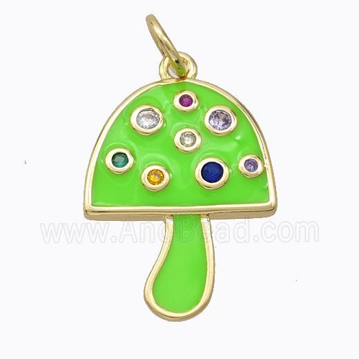 Copper Mushroom Pendant Micro Pave Zirconia Green Enamel Gold Plated