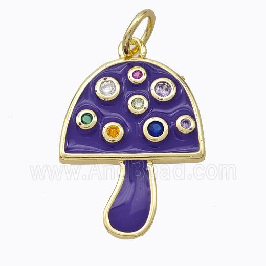 Copper Mushroom Pendant Micro Pave Zirconia Purple Enamel Gold Plated