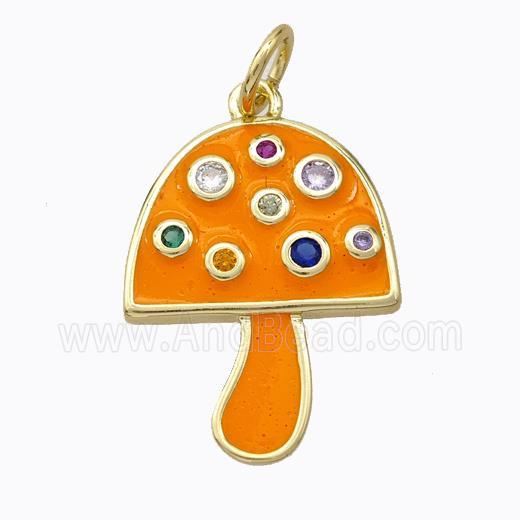 Copper Mushroom Pendant Micro Pave Zirconia Orange Enamel Gold Plated