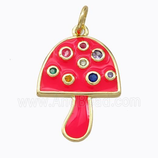 Copper Mushroom Pendant Micro Pave Zirconia Red Enamel Gold Plated