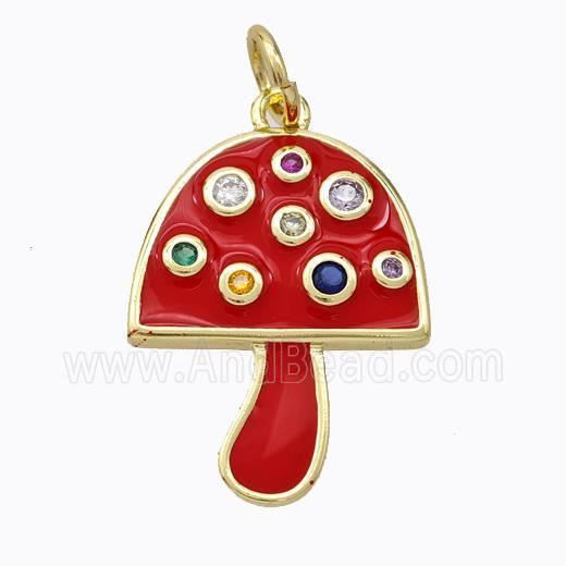 Copper Mushroom Pendant Micro Pave Zirconia Red Enamel Gold Plated