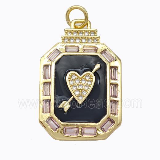 Cupid Arrow Heart Charms Copper Pendant Pave Zirconia Black Enamel Rectangle Gold Plated