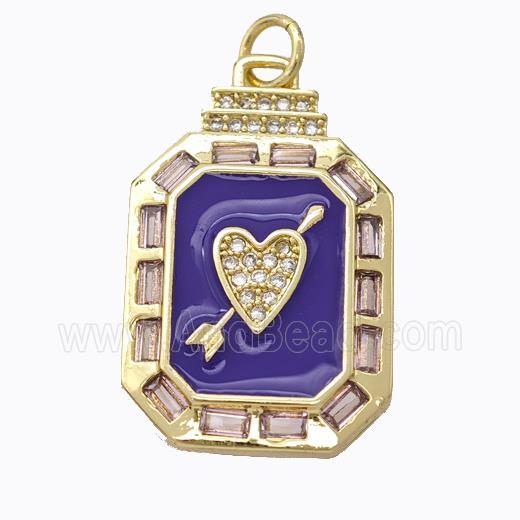 Cupid Arrow Heart Charms Copper Pendant Pave Zirconia Purple Enamel Rectangle Gold Plated