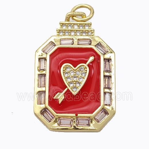 Cupid Arrow Heart Charms Copper Pendant Pave Zirconia Red Enamel Rectangle Gold Plated