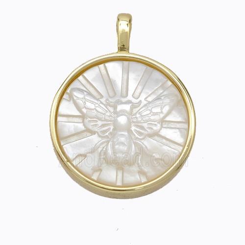 Copper Circle Pendant Pave Shell Butterfly Gold Plated