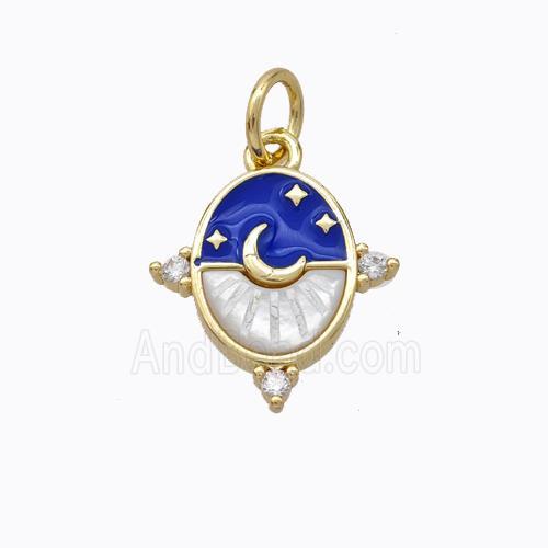 Copper Moon Pendant Pave Shell Blue Enamel Star Gold Plated