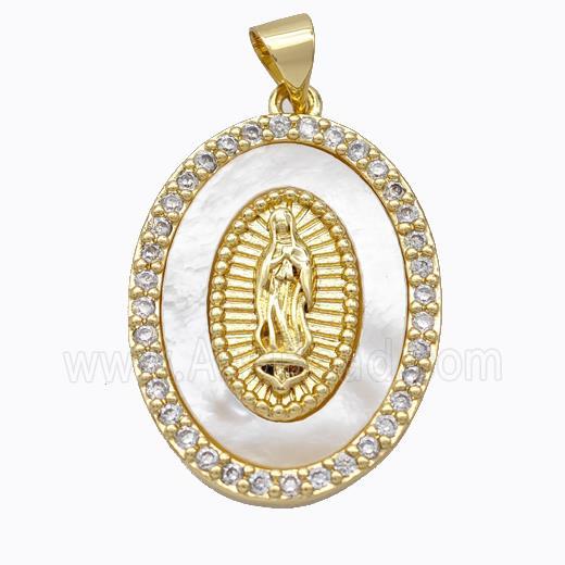 Jesus Charms Copper Oval Pendant Pave Shell Zirconia Gold Plated