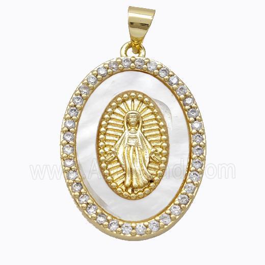 Virgin Mary Charms Copper Oval Pendant Pave Shell Zirconia Gold Plated
