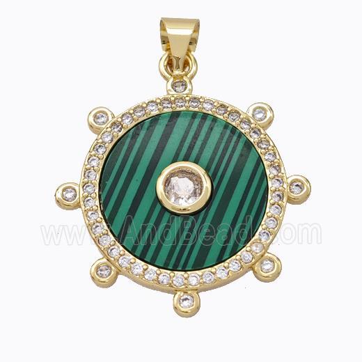 Copper Circle Pendant Pave Malachite Zirconia Gold Plated