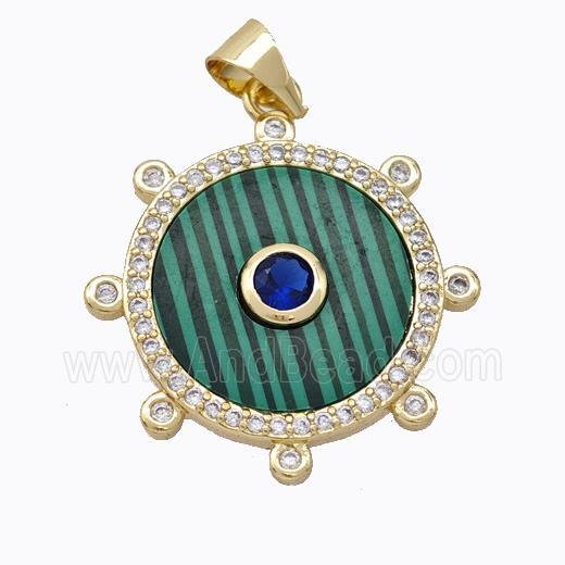 Copper Circle Pendant Pave Malachite Zirconia Gold Plated