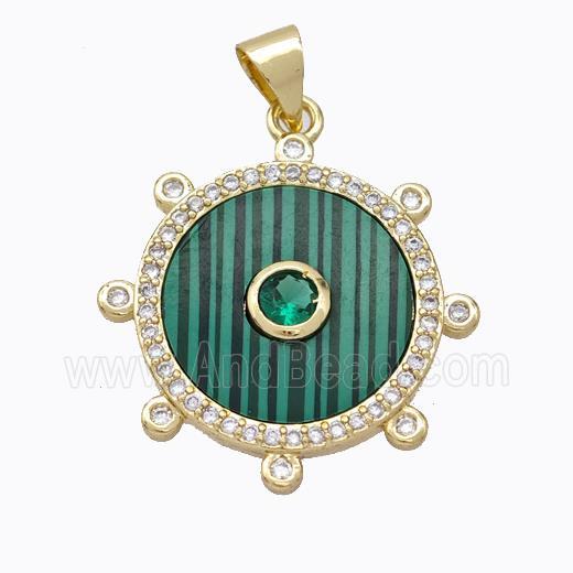Copper Circle Pendant Pave Malachite Zirconia Gold Plated