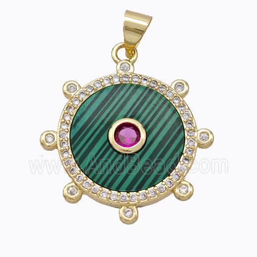 Copper Circle Pendant Pave Malachite Zirconia Gold Plated