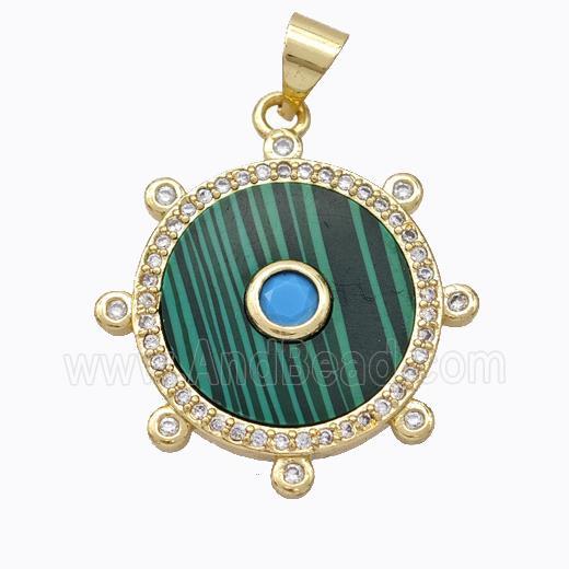 Copper Circle Pendant Pave Malachite Zirconia Gold Plated