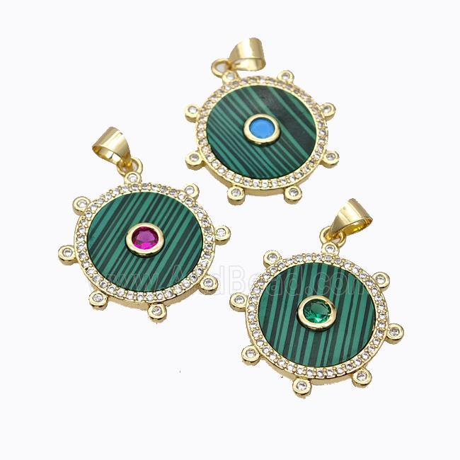 Copper Circle Pendant Pave Malachite Zirconia Gold Plated Mixed