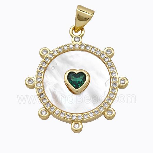 Copper Circle Pendant Pave Shell Heart Zirconia Gold Plated
