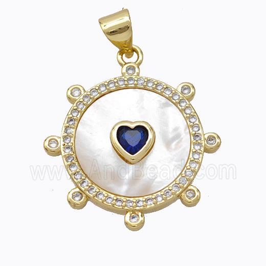 Copper Circle Pendant Pave Shell Heart Zirconia Gold Plated