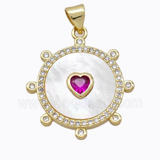 Copper Circle Pendant Pave Shell Heart Zirconia Gold Plated