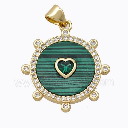 Copper Circle Pendant Pave Malachite Heart Zirconia Gold Plated