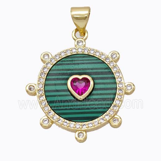 Copper Circle Pendant Pave Malachite Heart Zirconia Gold Plated