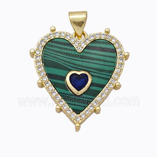 Copper Heart Pendant Pave Malachite Zirconia Gold Plated
