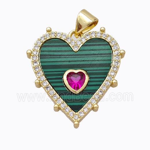 Copper Heart Pendant Pave Malachite Zirconia Gold Plated