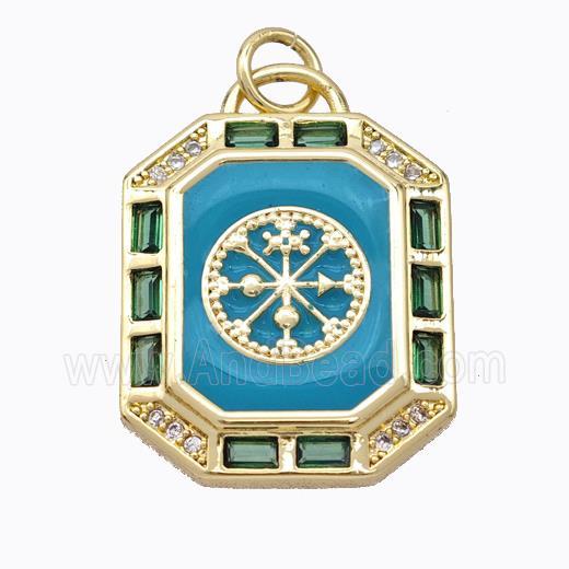 Copper Octagon Pendant Pave Zirconia Teal Enamel Compass Gold Plated