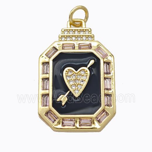 Copper Octagon Pendant Pave Zirconia Black Enamel Cupid Arrow Heart Gold Plated