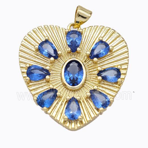 Copper Heart Pendant Micropave Blue Zirconia Gold Plated