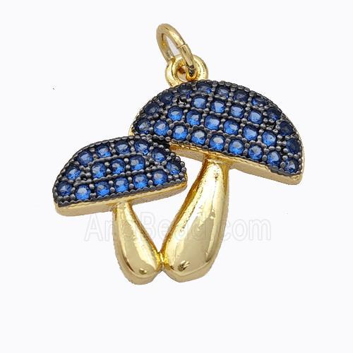 Copper Mushroom Pendant Micropave Blue Zirconia Gold Plated