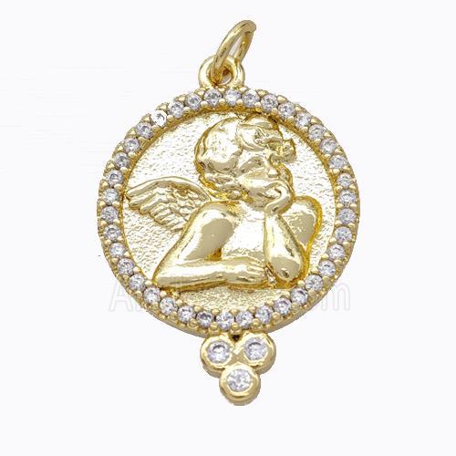 Copper Angel Pendant Micropave Zirconia Circle Gold Plated