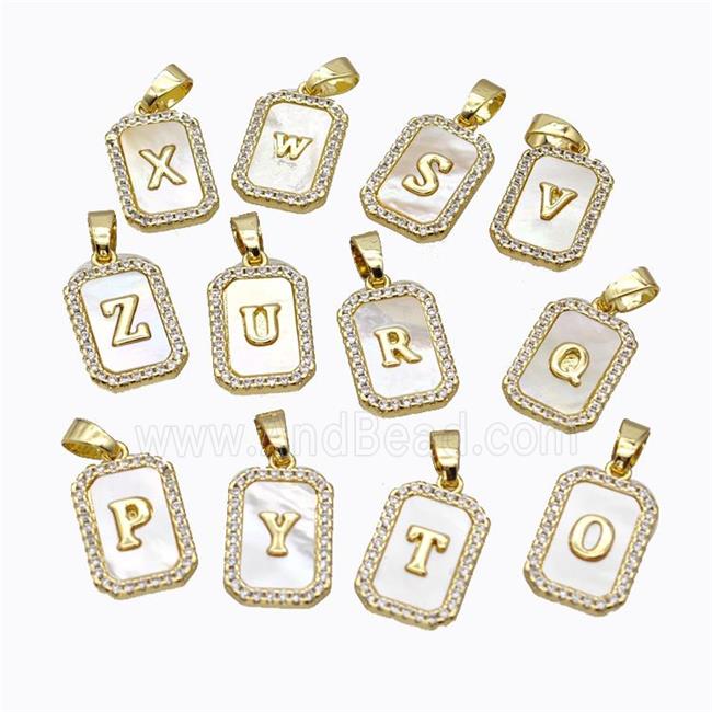 Copper Letter Pendant Micro Pave Shell Zirconia Rectangle Mixed Alphabet Gold Plated
