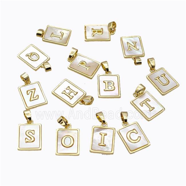 Copper Letter Pendant Micro Pave Shell Rectangle Mixed Alphabet Gold Plated