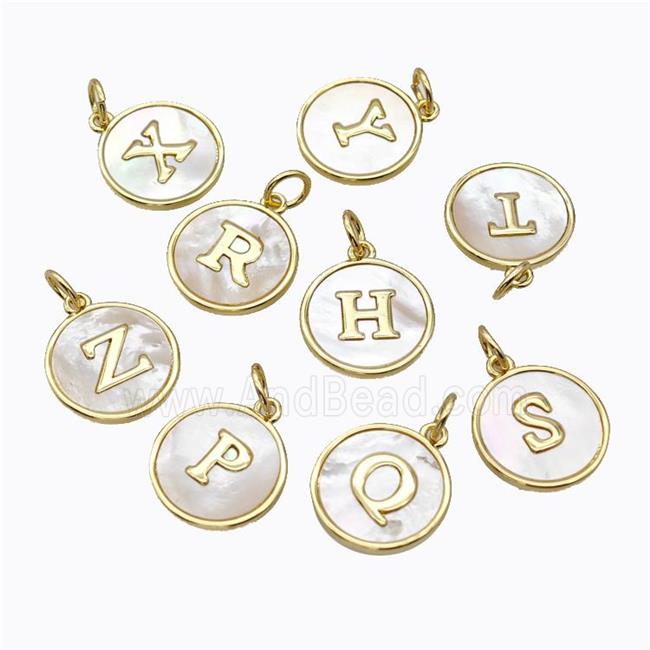 Copper Letter Pendant Micro Pave Shell Circle Mixed Alphabet Gold Plated