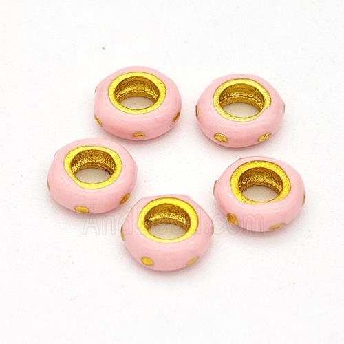 Copper Rondelle Beads Pink Enamel Large Hole Gold Plated