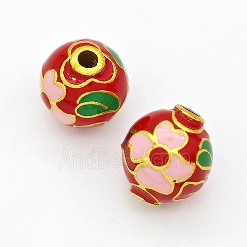 Copper Round Beads Cloisonne Multicolor Flower Gold Plated