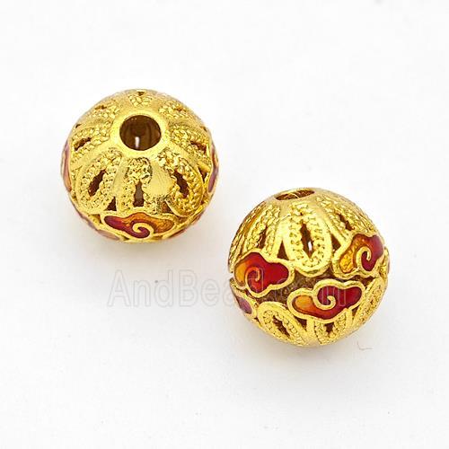 Copper Round Beads Red Painted Cloud Gold Plated