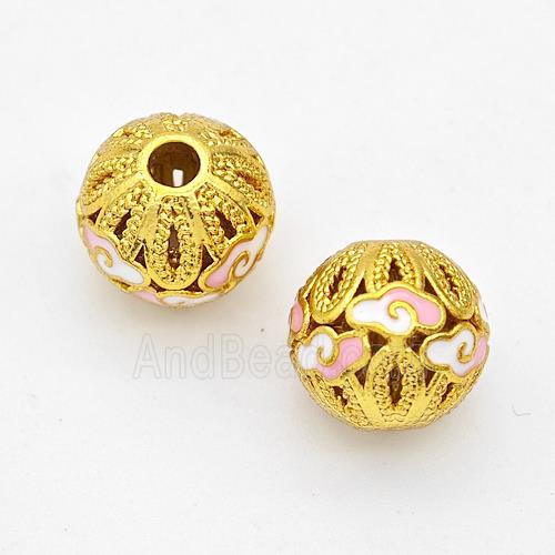 Copper Round Beads Pink Painted Cloud Gold Plated