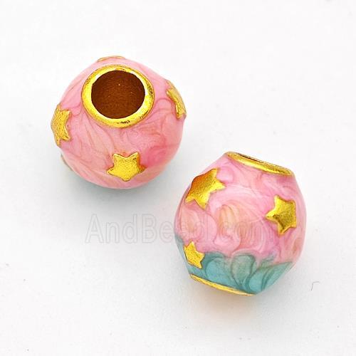 Copper Round Beads Pink Painted Large Hole Gold Plated