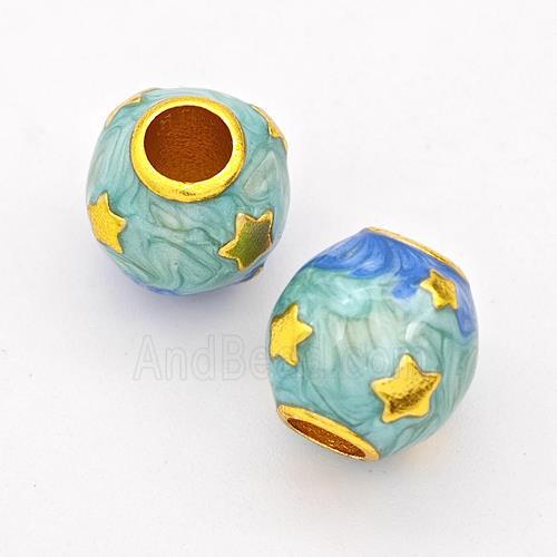 Copper Round Beads Teal Painted Large Hole Gold Plated