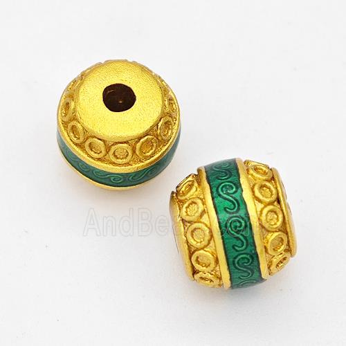 Copper Barrel Beads Green Painted Gold Plated