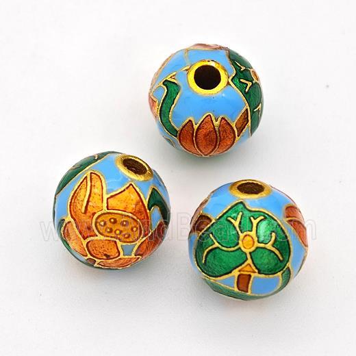 Copper Round Beads Cloisonne Multicolor Flower Gold Plated