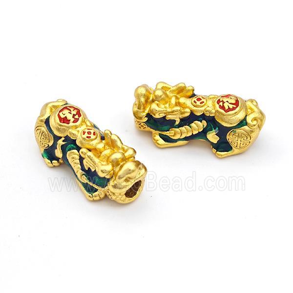 Copper Pixiu Charms Beads Darkgreen Enamel Large Hole Gold Plated